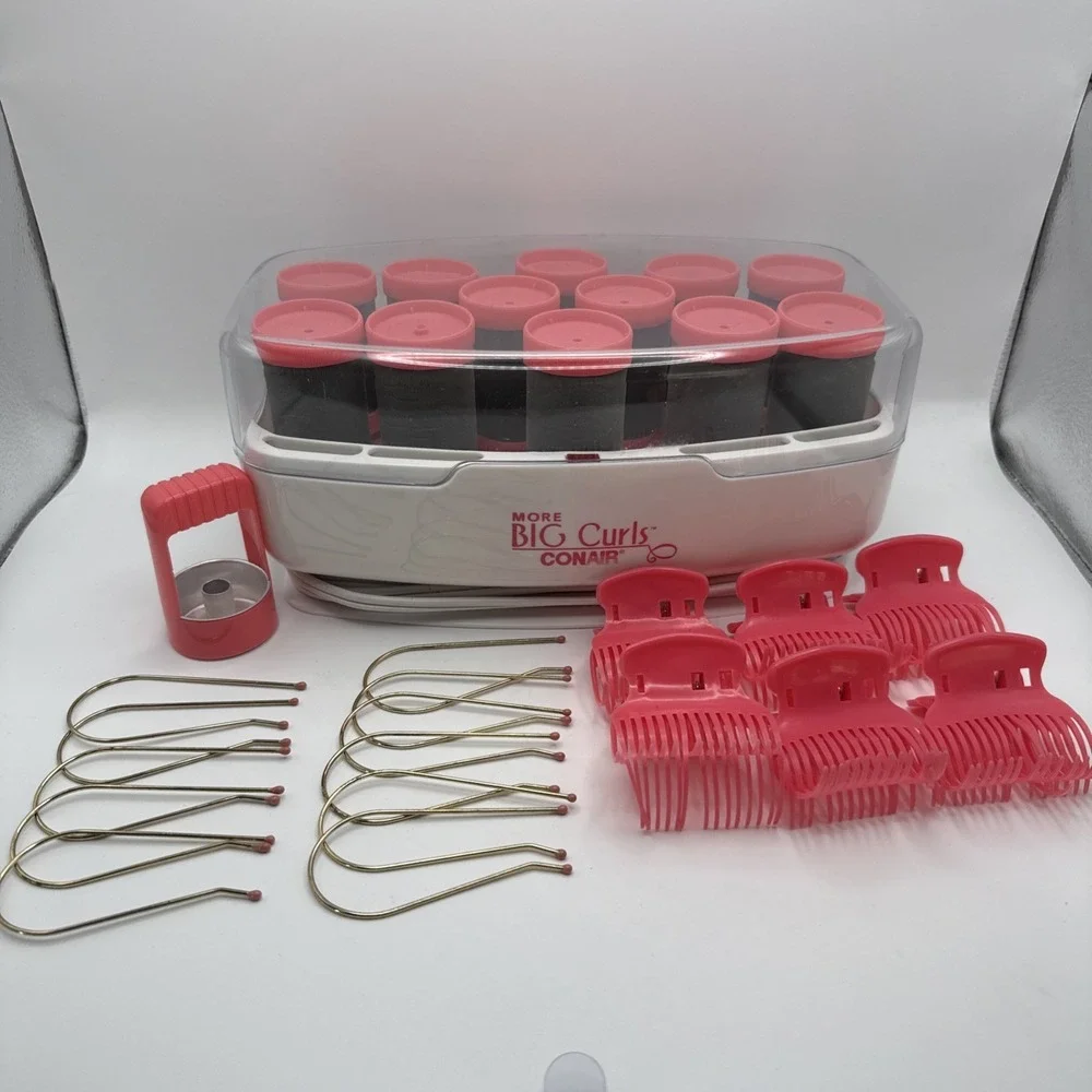 Conair More Big Curls Pink 12 Jumbo Hot Rollers  11 Pins 6 Clips Heat Reservoir